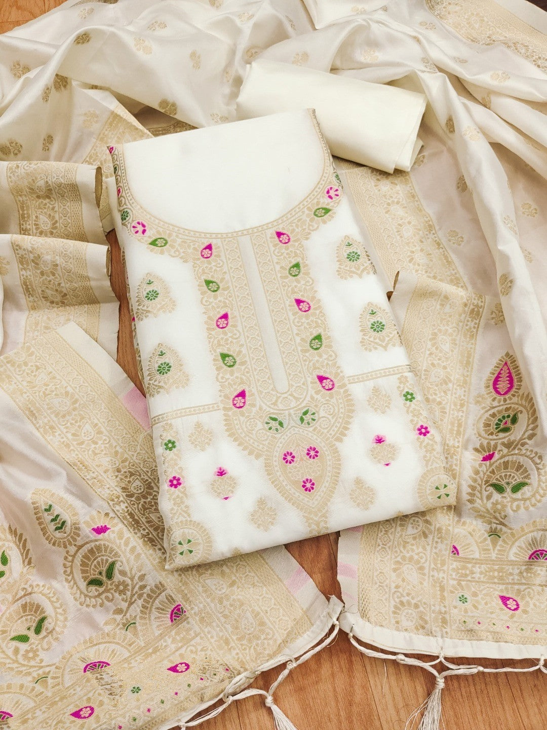 Luxurious Offwhtie Banarasi Silk Dress Material Showcasing Rich Floral Zari Weaving Design - Image 1