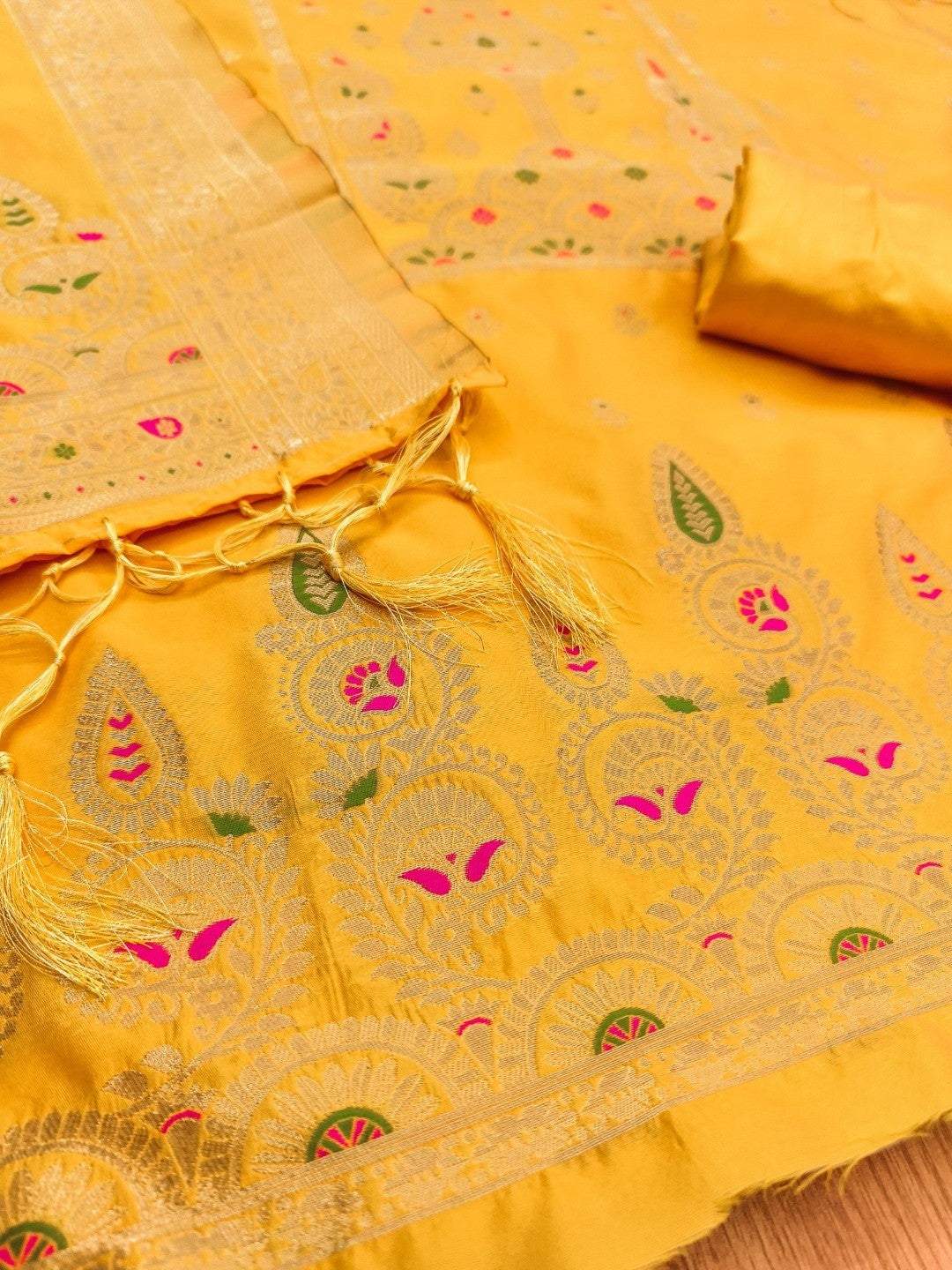 Luxurious Yellow Banarasi Silk Dress Material Showcasing Rich Floral Zari Weaving Design - Image 3