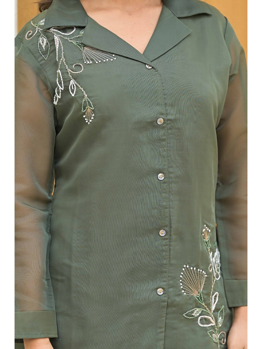 Olive Green Floral Embroidery Organza Co-Ord Set - Image 6