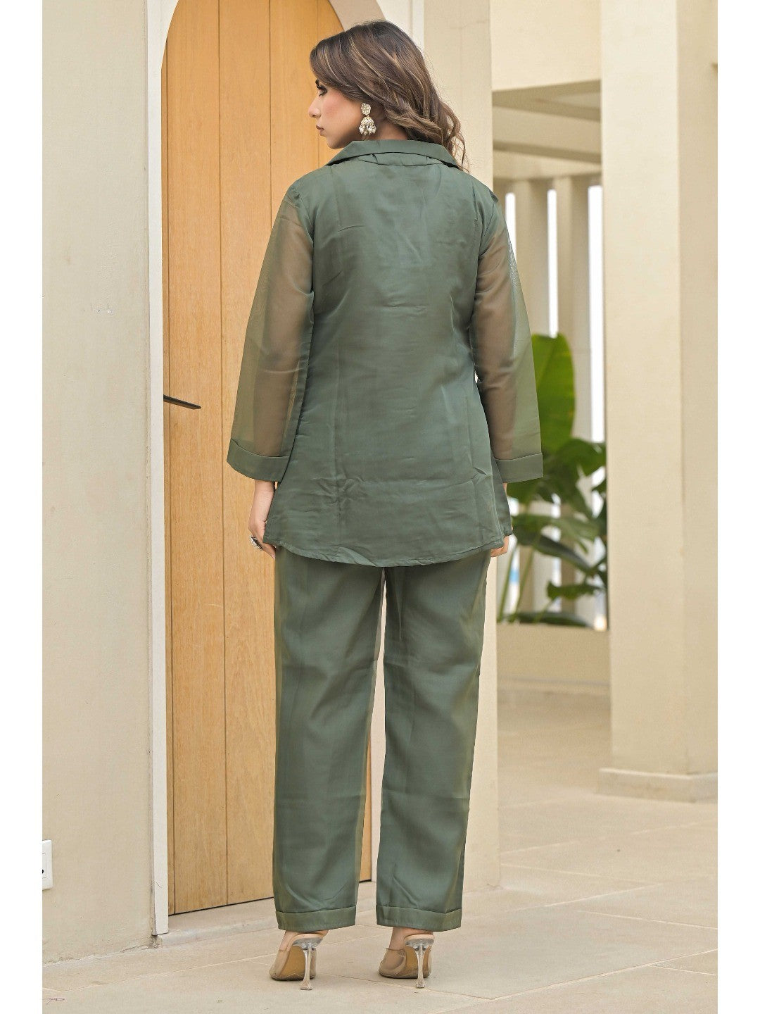 Olive Green Floral Embroidery Organza Co-Ord Set - Image 2
