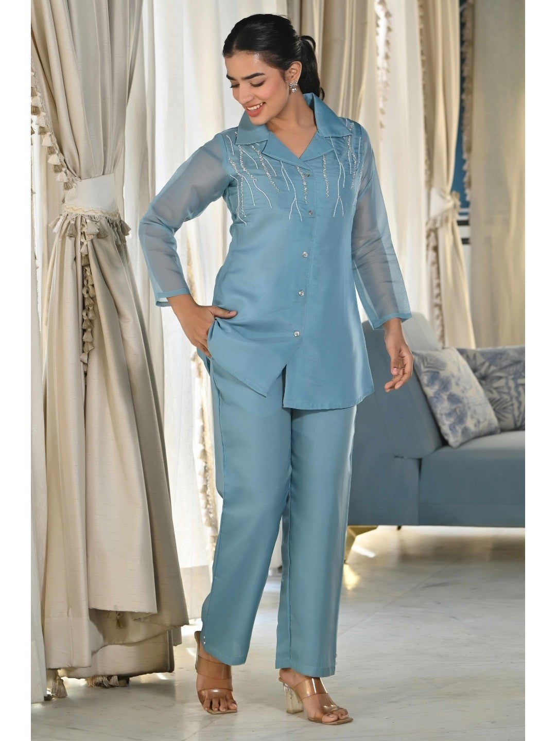 Light Blue Beads Work Embroidered Organza Co-Ord Set - Image 2