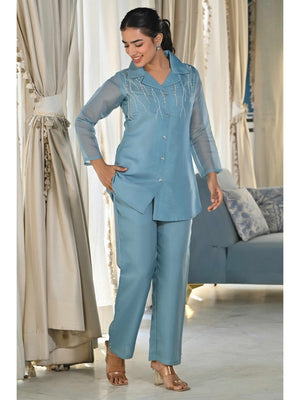 Light Blue Beads Work Embroidered Organza Co-Ord Set - Image 2