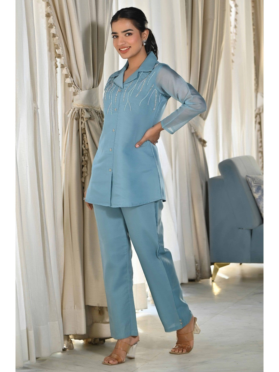 Light Blue Beads Work Embroidered Organza Co-Ord Set - Image 3