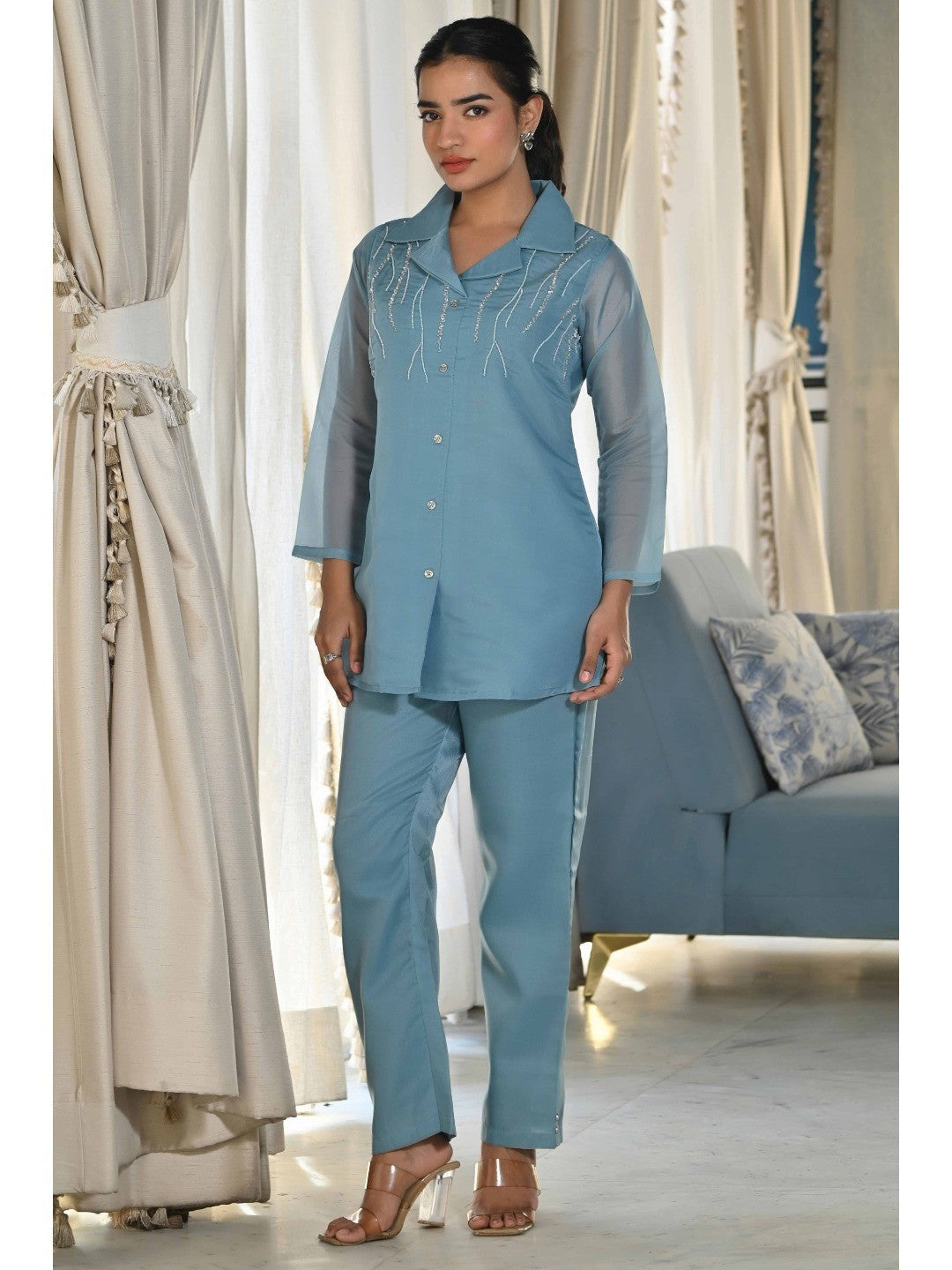 Light Blue Beads Work Embroidered Organza Co-Ord Set - Image 6