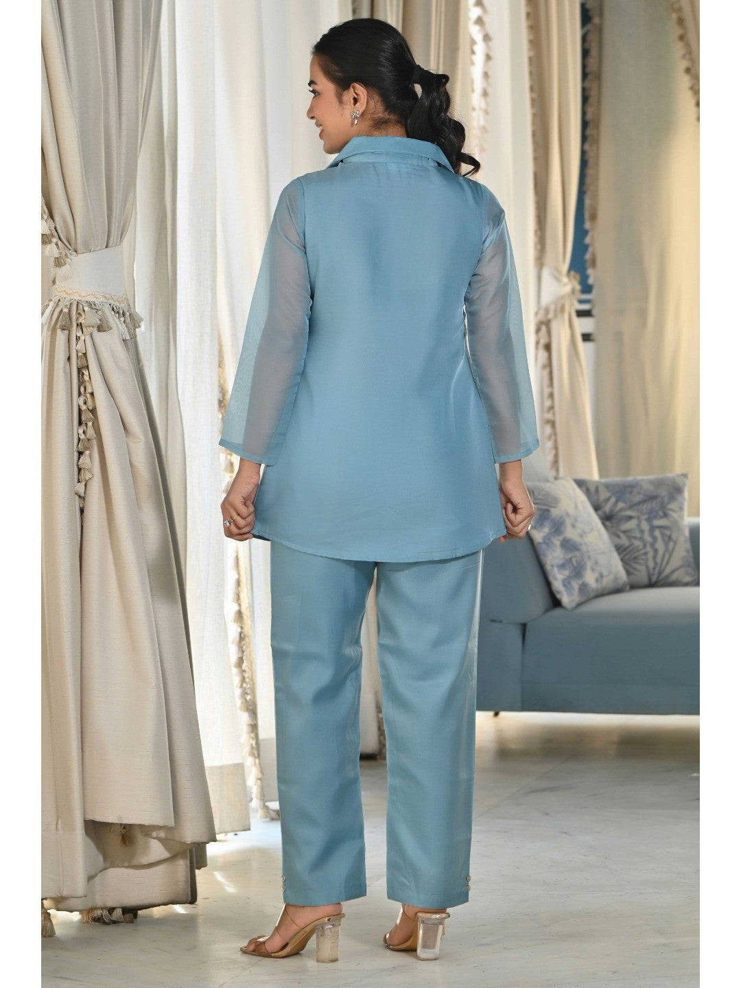 Light Blue Beads Work Embroidered Organza Co-Ord Set - Image 9
