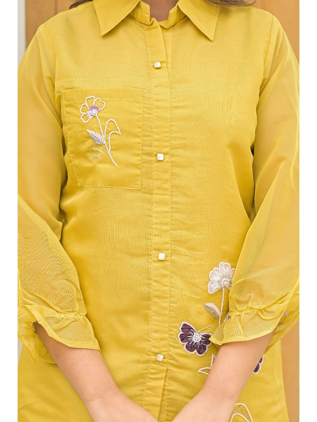 Mustard Floral Hand Embroidered Organza Co-Ord Set - Image 6