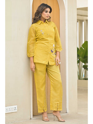 Mustard Floral Hand Embroidered Organza Co-Ord Set - Image 2