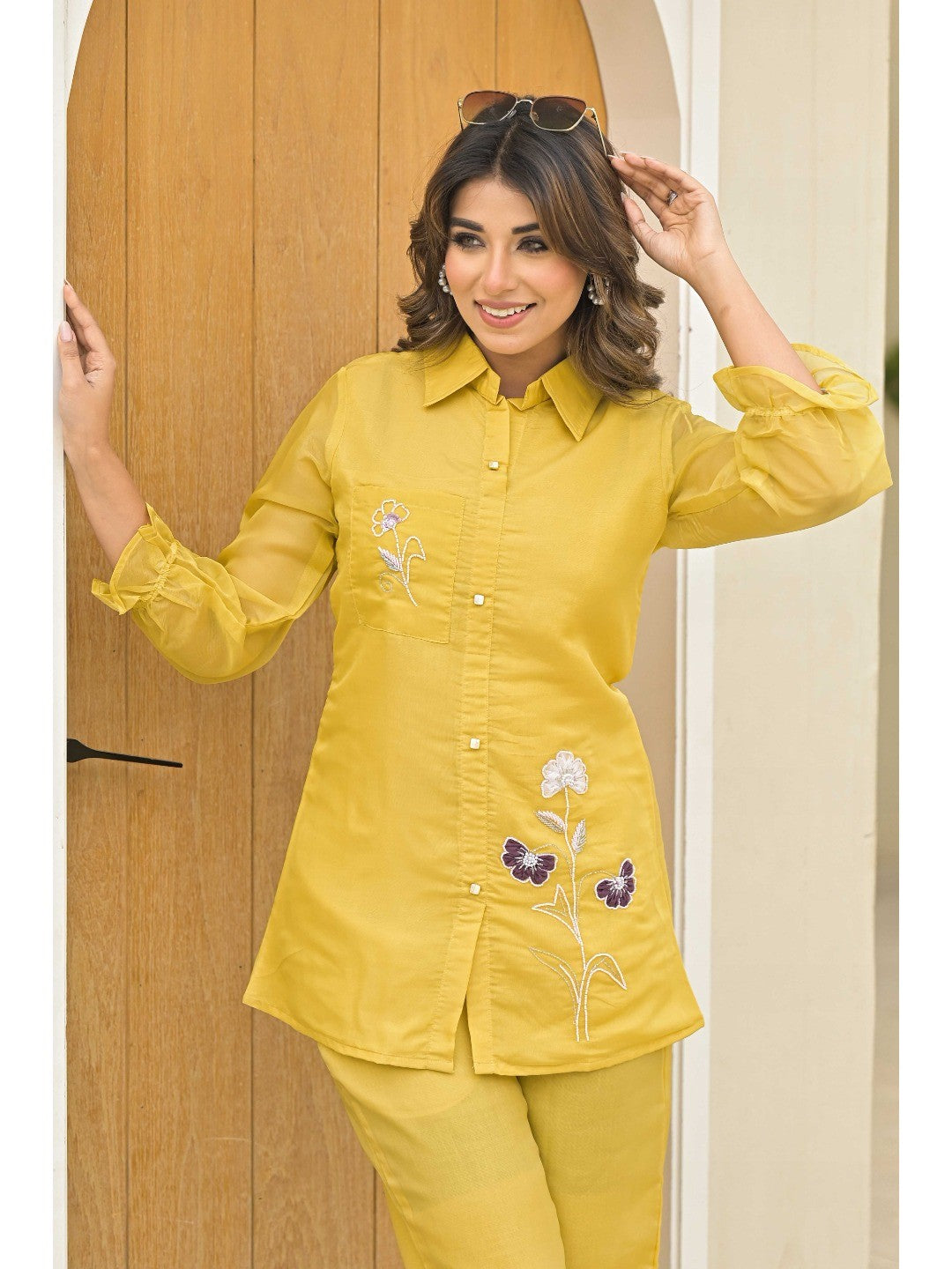 Mustard Floral Hand Embroidered Organza Co-Ord Set - Image 5
