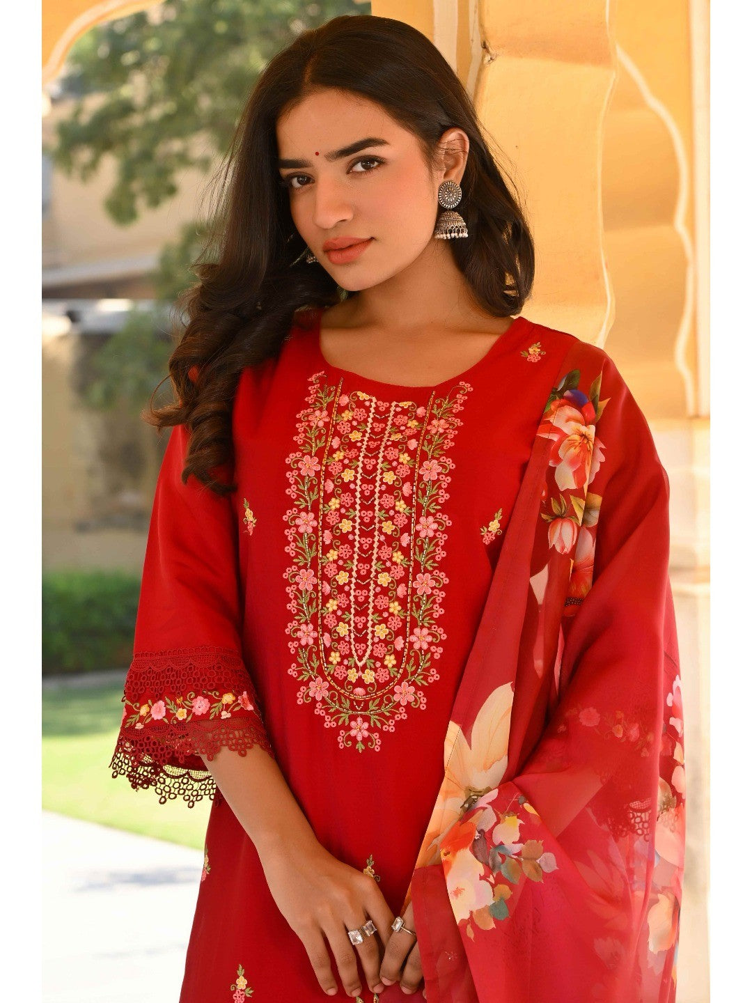 Maroon Floral Embroidered Chanderi Silk Salwar Suit - Image 6
