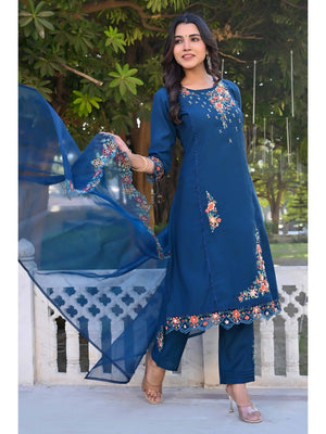 Navy Blue Floral Embroidery Handwork Viscose Salwar Suit - Image 1