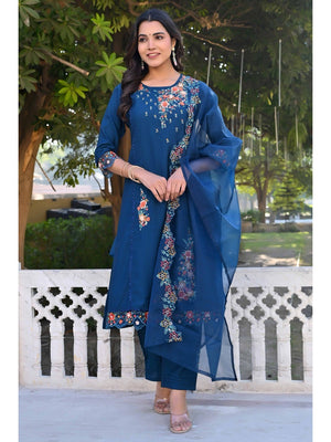 Navy Blue Floral Embroidery Handwork Viscose Salwar Suit - Image 2