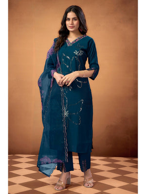Blue Sequins Embroidered Chanderi Silk Straight Salwar Suit - Image 1