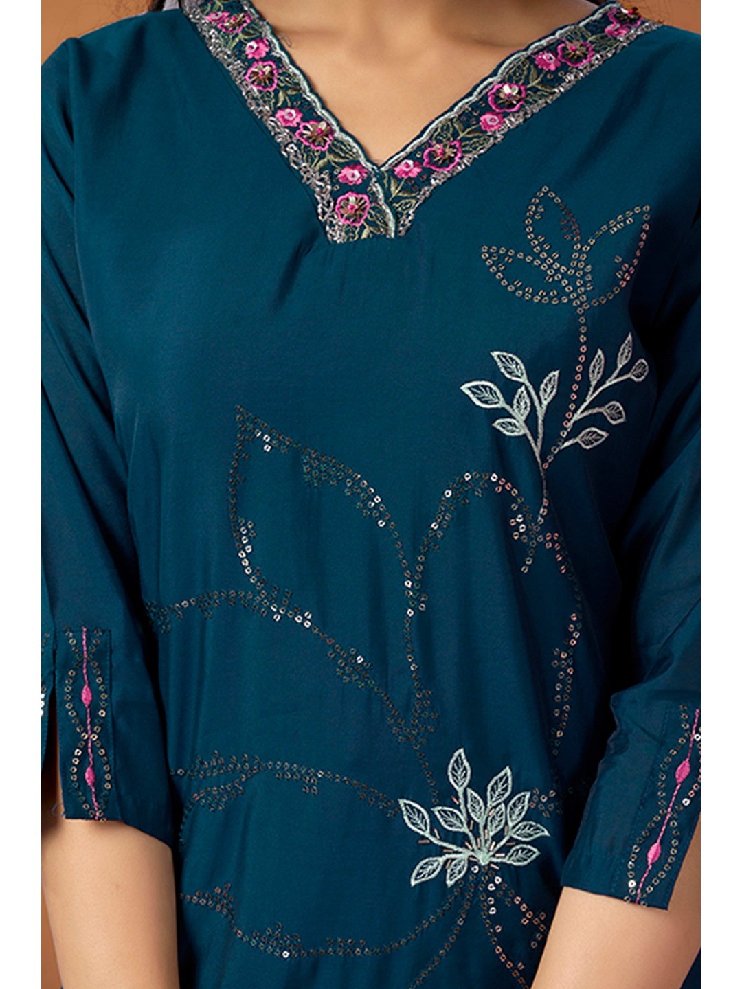 Blue Sequins Embroidered Chanderi Silk Straight Salwar Suit - Image 5