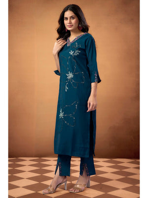 Blue Sequins Embroidered Chanderi Silk Straight Salwar Suit - Image 2