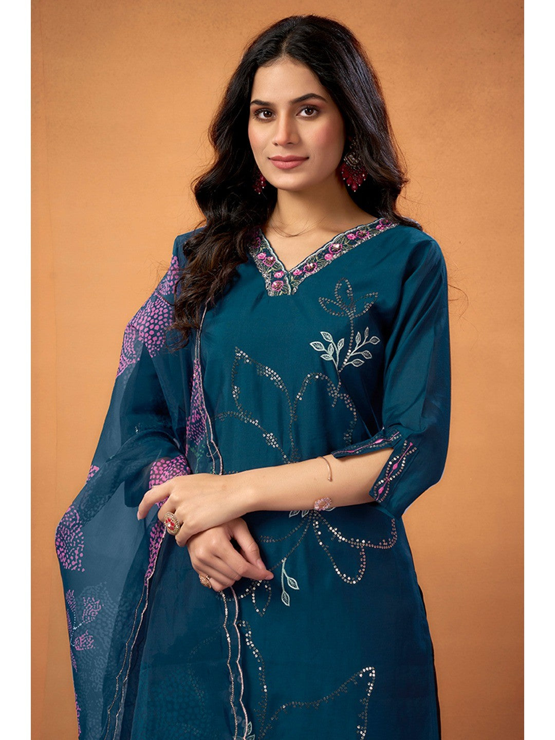 Blue Sequins Embroidered Chanderi Silk Straight Salwar Suit - Image 2