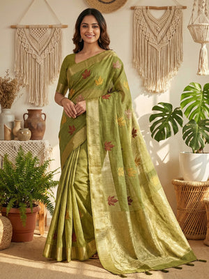 Elegant Green Cotton Blend Saree Adorned With Leaf Embroidery & Rich Zari Weaving Work - Image 1