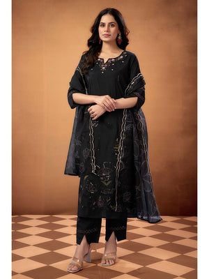 Black Sequins Embroidered Chanderi Silk Straight Salwar Suit - Image 1