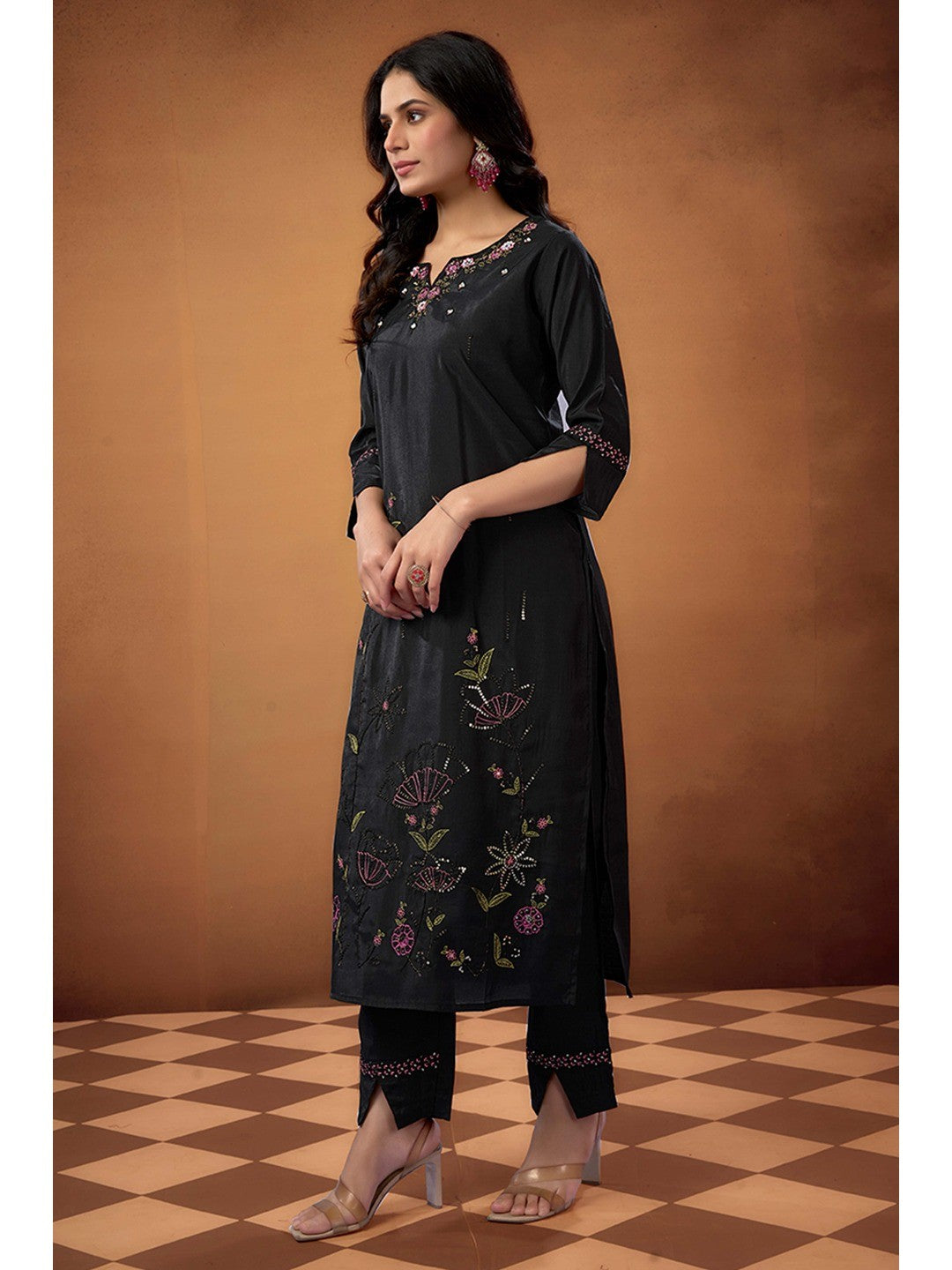Black Sequins Embroidered Chanderi Silk Straight Salwar Suit - Image 2