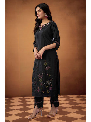 Black Sequins Embroidered Chanderi Silk Straight Salwar Suit - Image 2