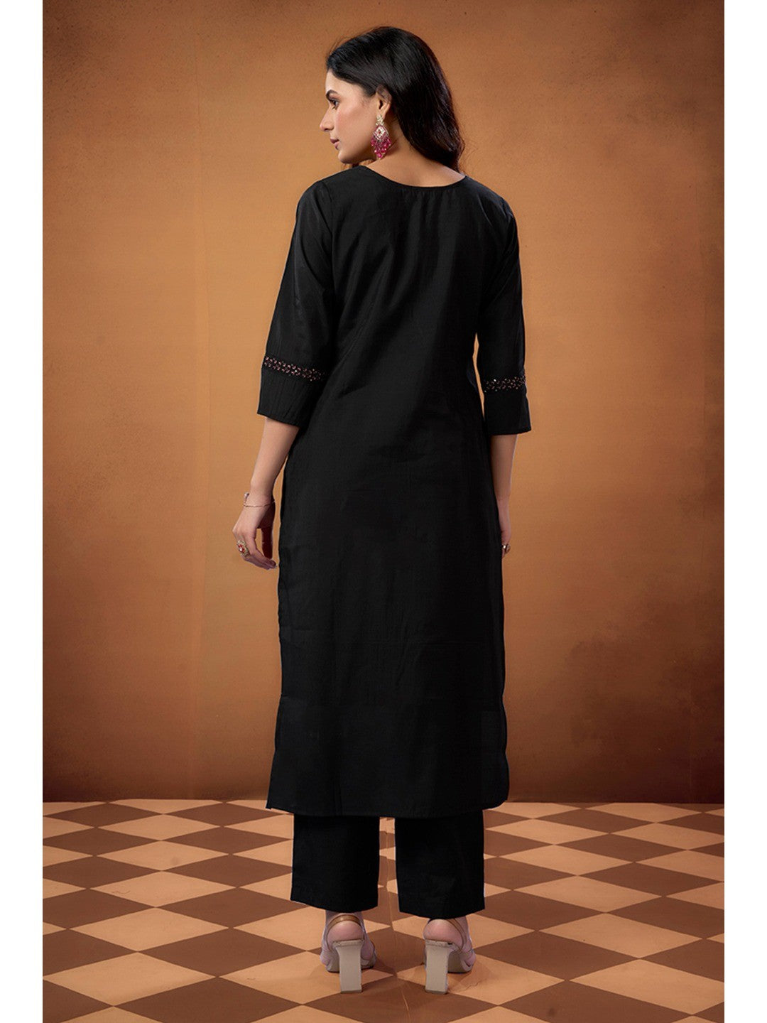 Black Sequins Embroidered Chanderi Silk Straight Salwar Suit - Image 4