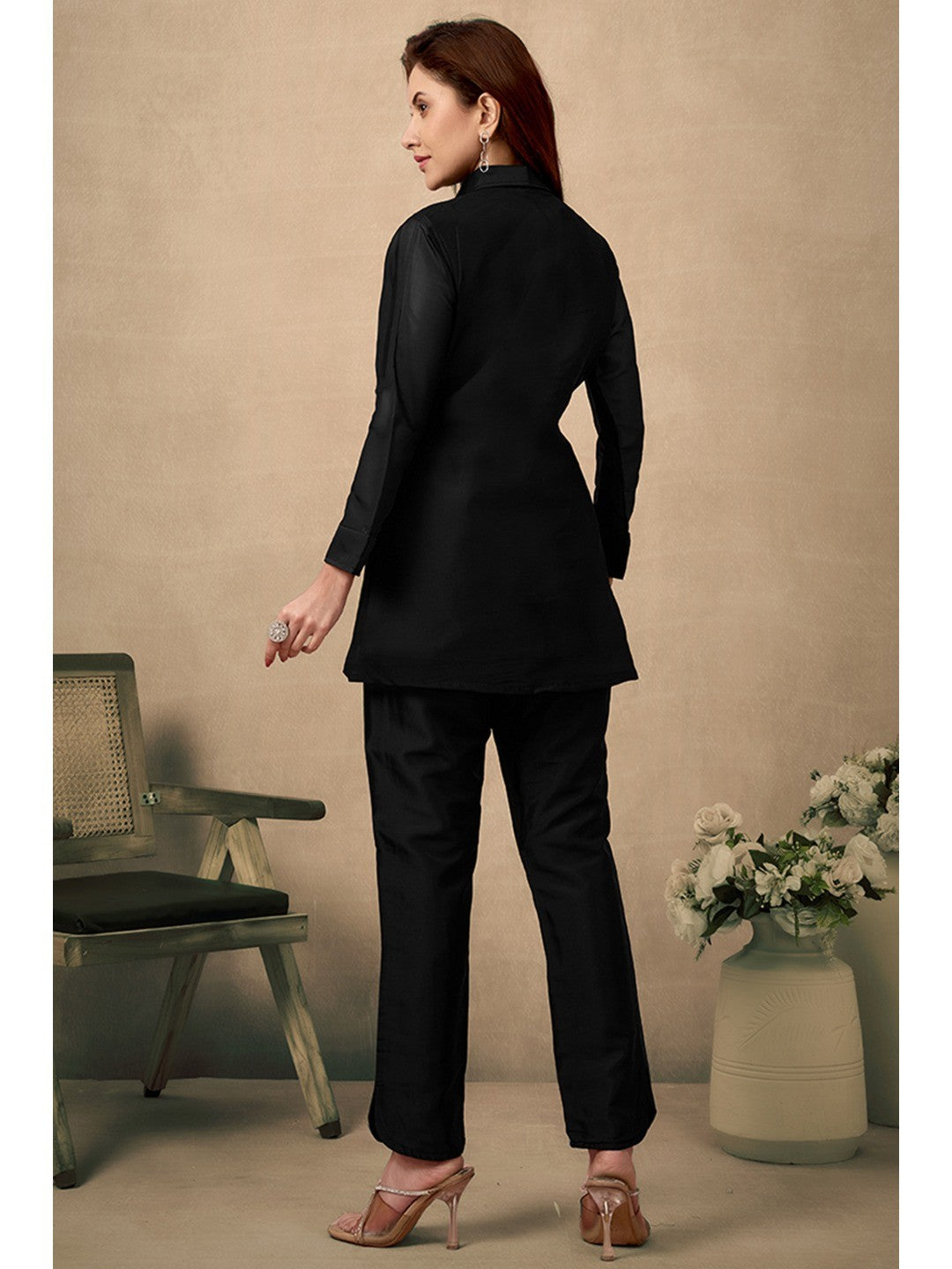 Black Stone Work Organza Straight Co-Ord Set - Image 4