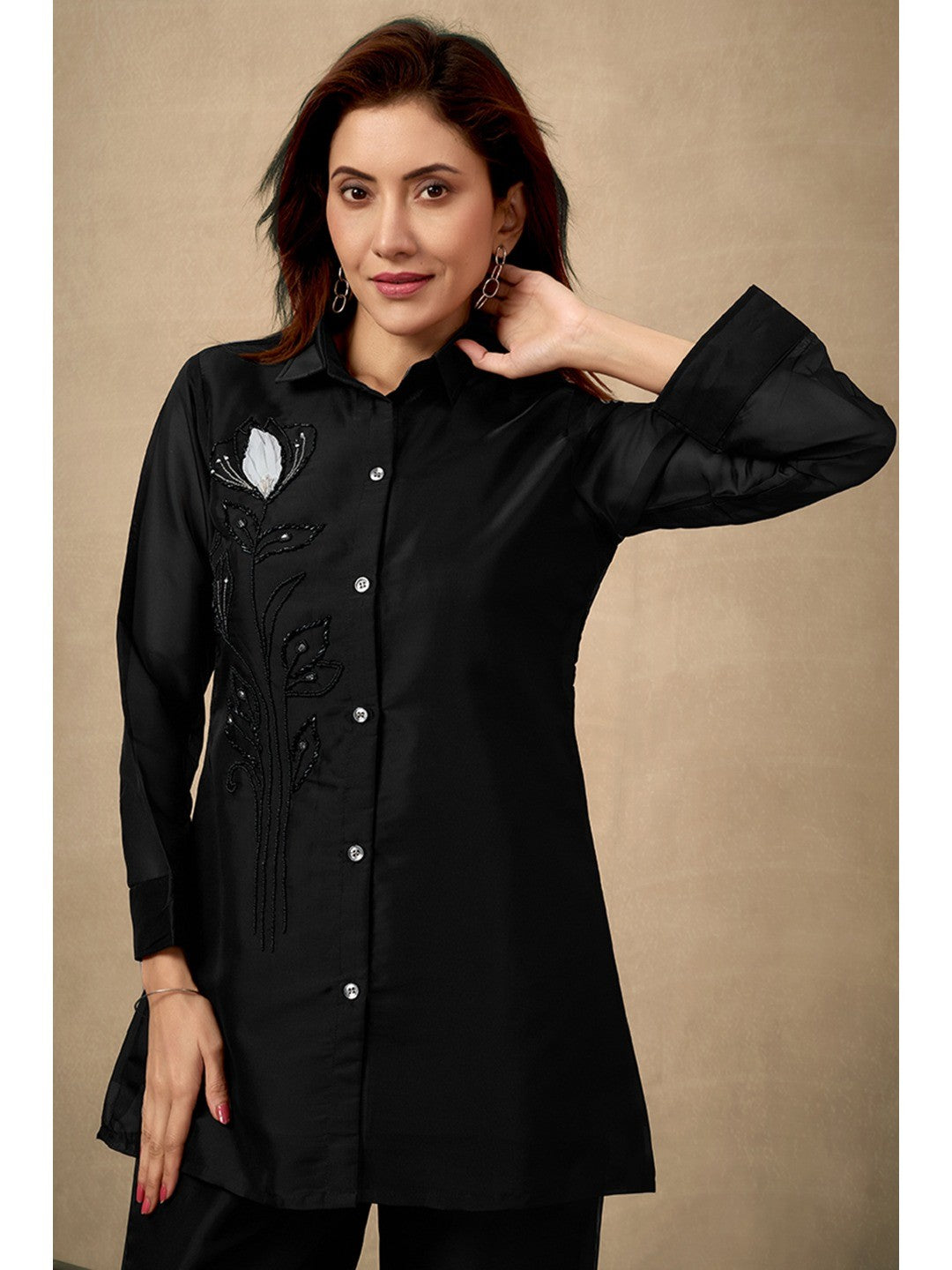 Black Stone Work Organza Straight Co-Ord Set - Image 3