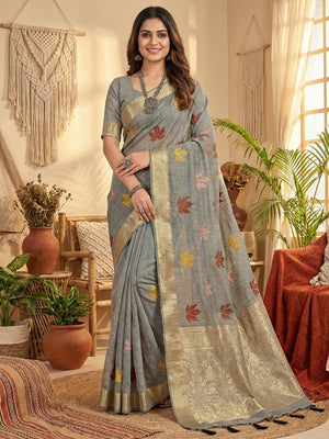 Elegant Grey Cotton Blend Saree Adorned With Leaf Embroidery & Rich Zari Weaving Work - Image 1