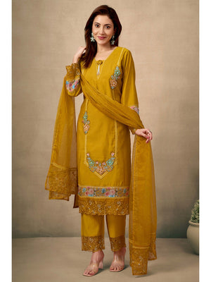 Mustard Floral Patch Work Embroidered Chanderi Straight Salwar Suit - Image 1