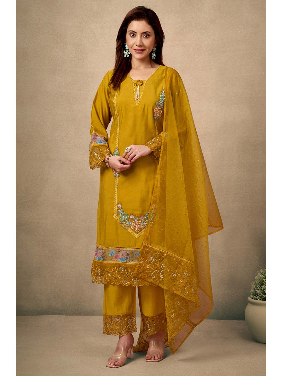 Mustard Floral Patch Work Embroidered Chanderi Straight Salwar Suit - Image 3