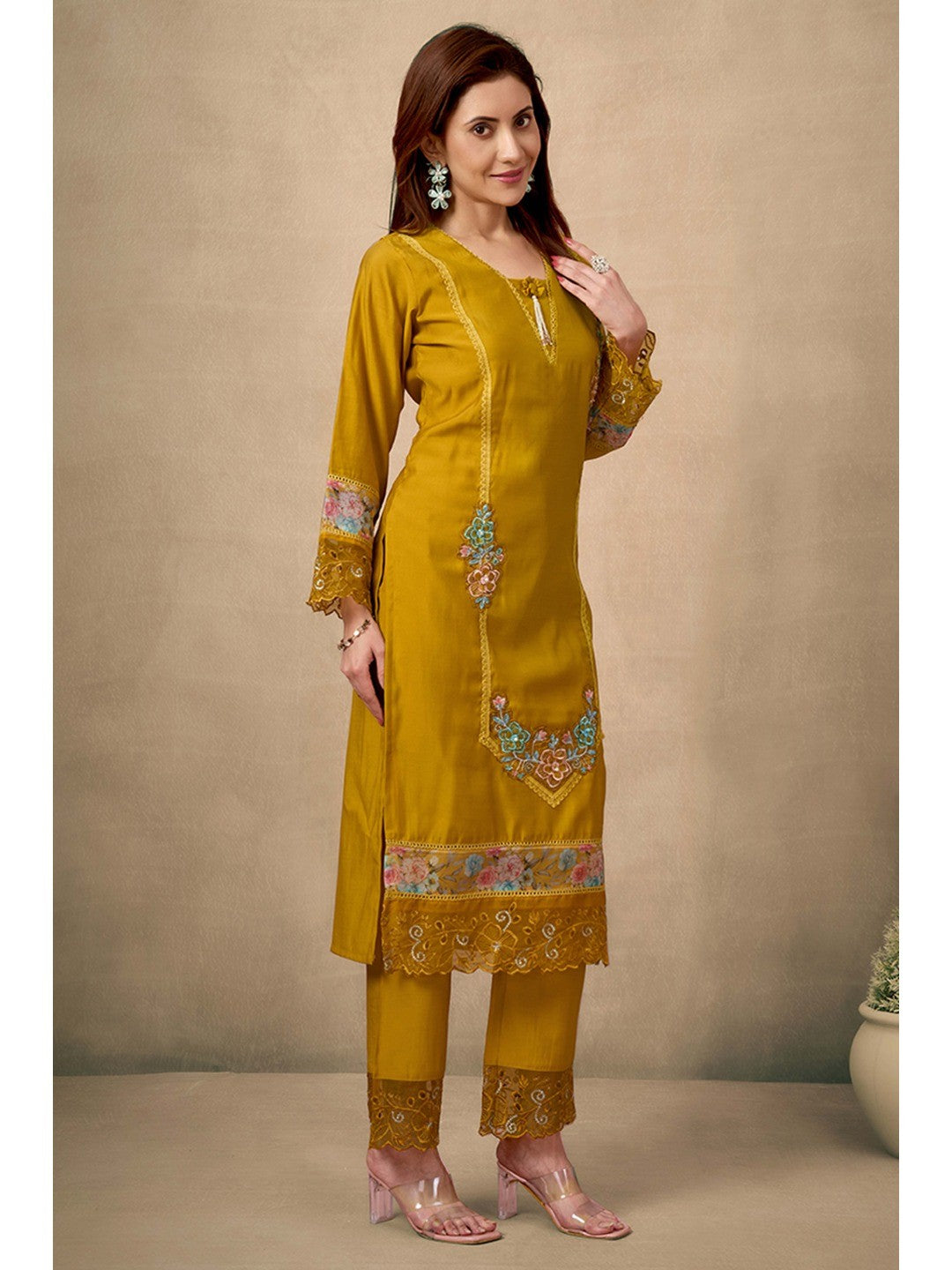Mustard Floral Patch Work Embroidered Chanderi Straight Salwar Suit - Image 4