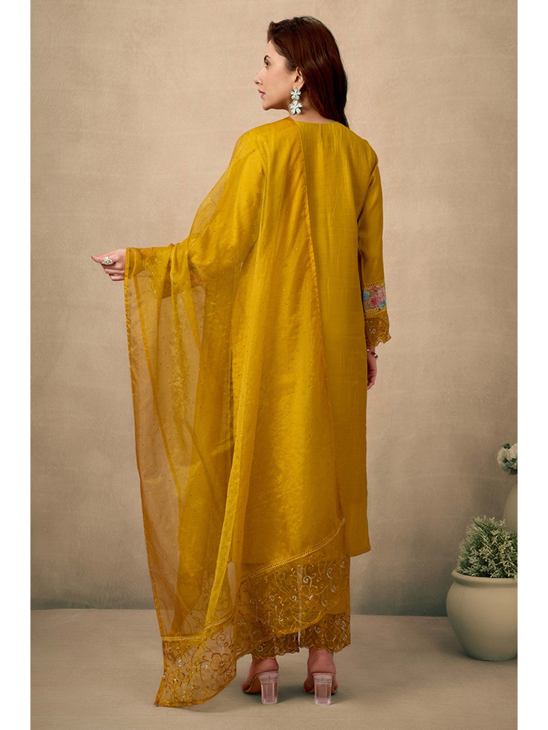 Mustard Floral Patch Work Embroidered Chanderi Straight Salwar Suit - Image 6