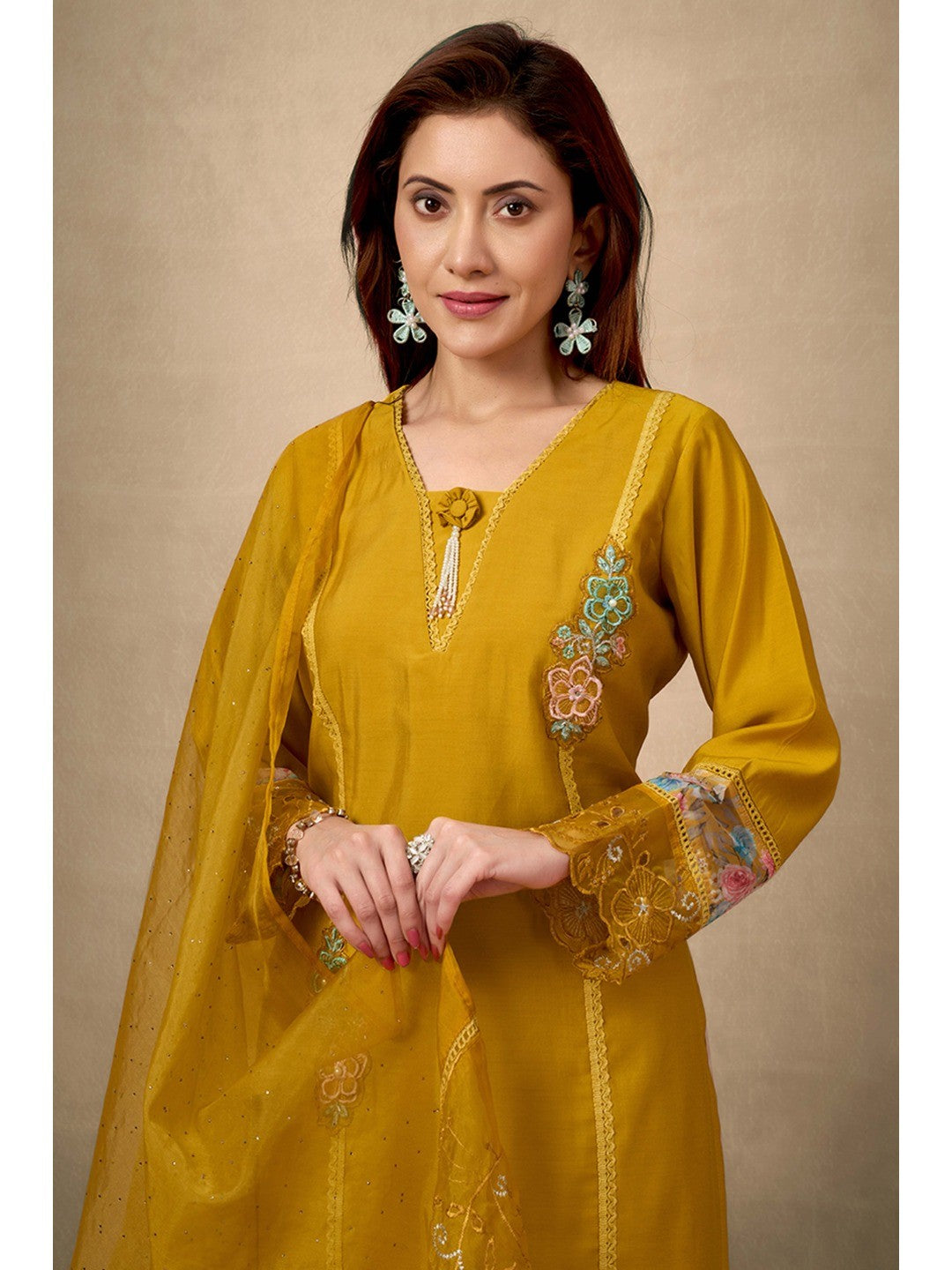 Mustard Floral Patch Work Embroidered Chanderi Straight Salwar Suit - Image 7