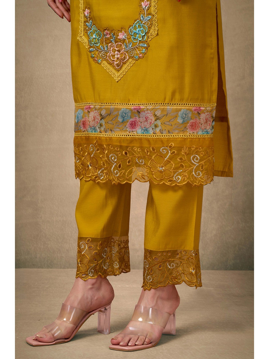 Mustard Floral Patch Work Embroidered Chanderi Straight Salwar Suit - Image 5