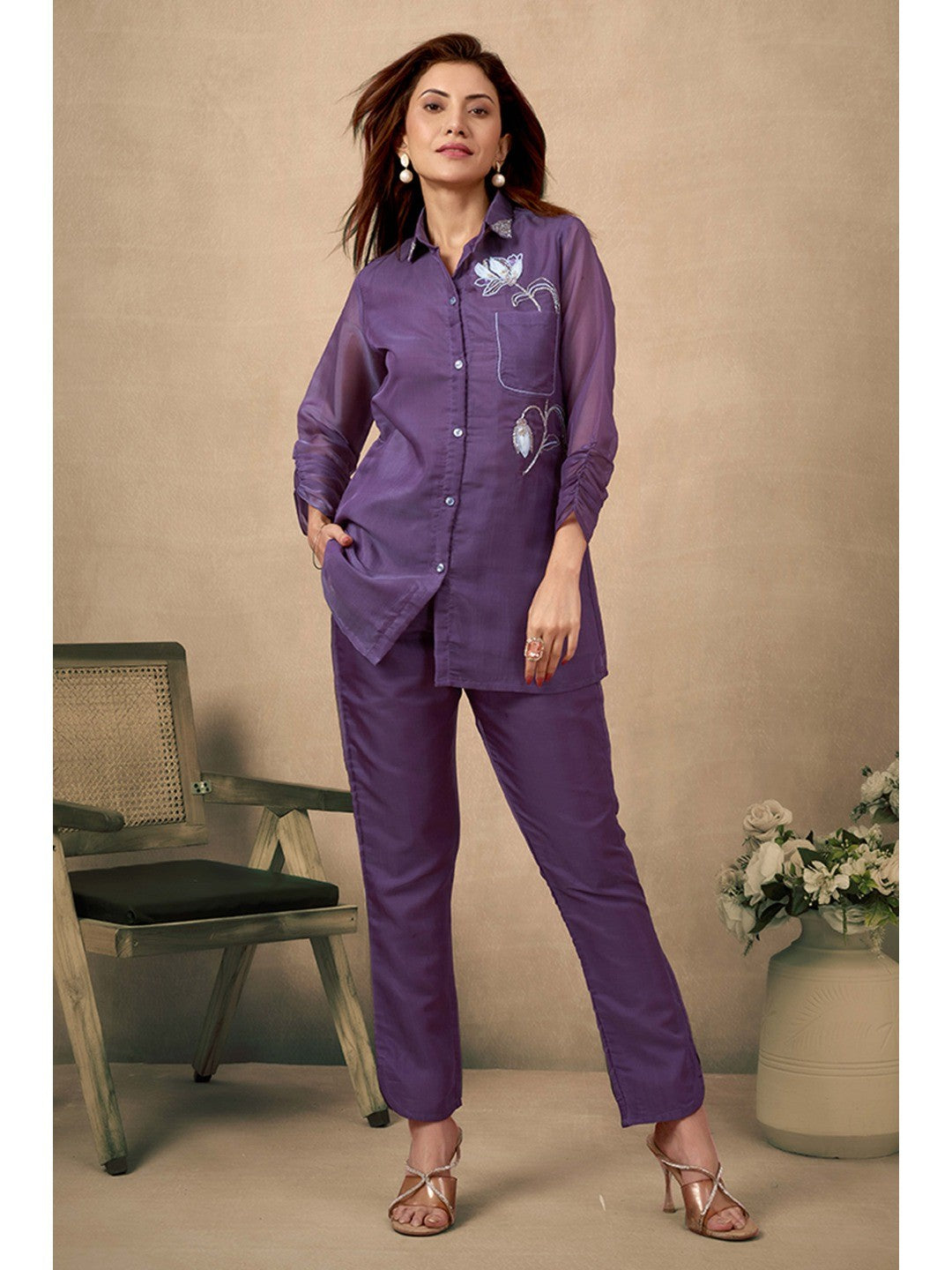 Wine Floral Pattern Beads Work Embroidered Organza Co-Ord Set - Image 1
