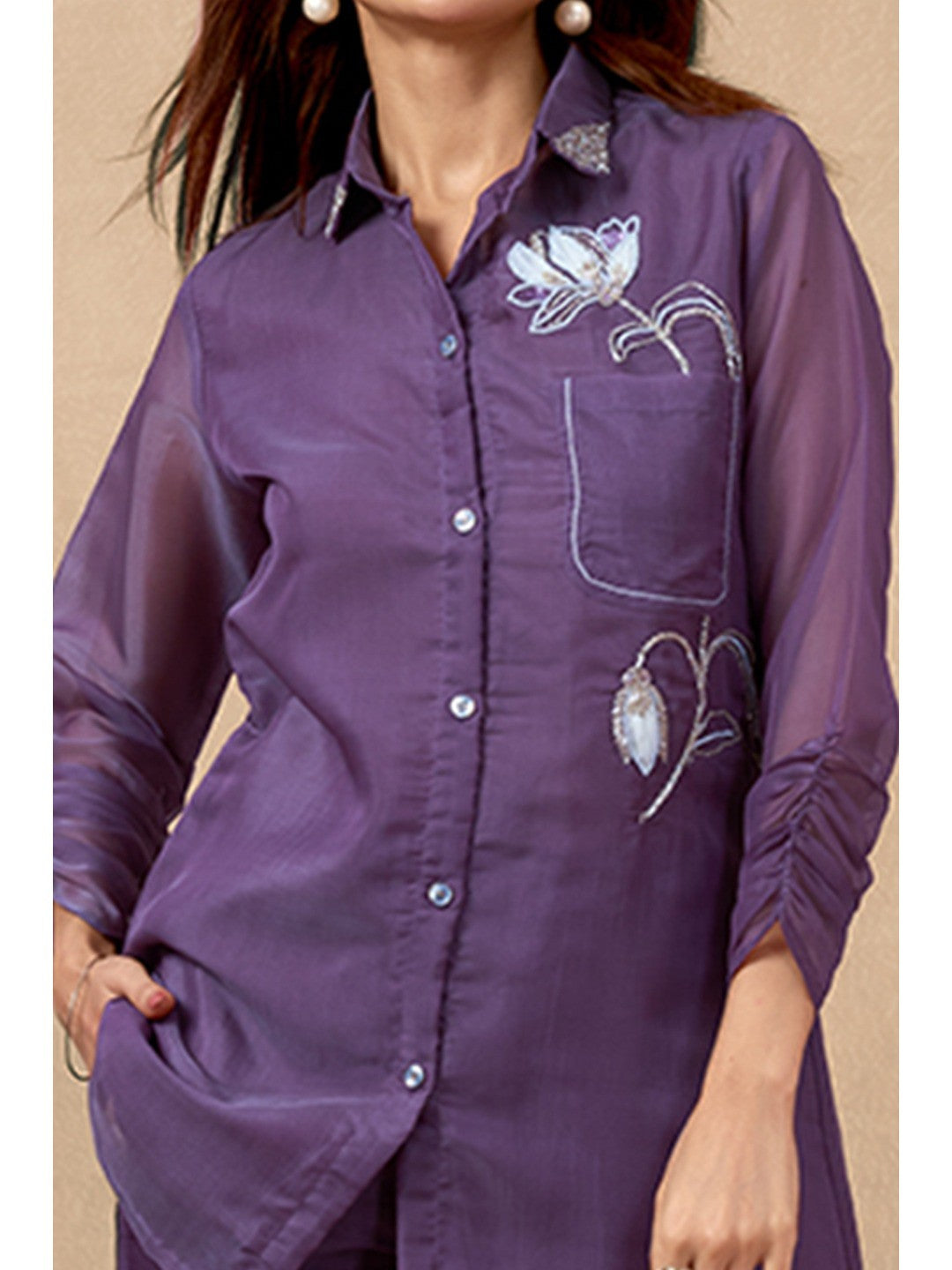 Wine Floral Pattern Beads Work Embroidered Organza Co-Ord Set - Image 2