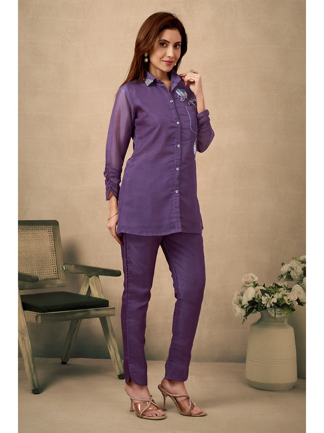 Wine Floral Pattern Beads Work Embroidered Organza Co-Ord Set - Image 5