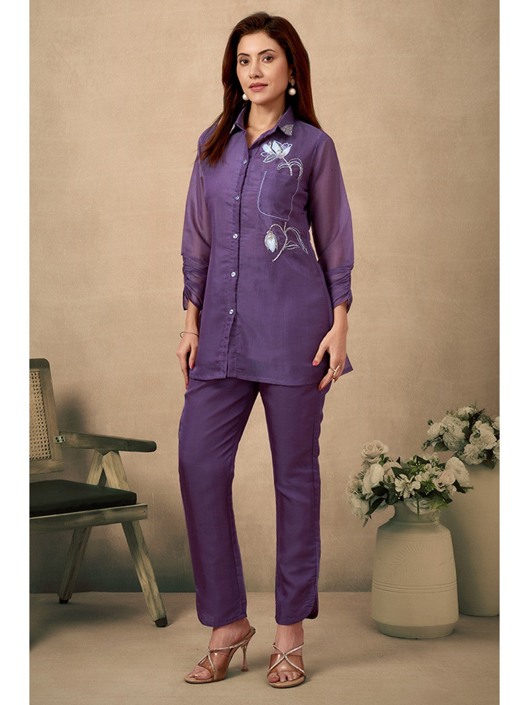 Wine Floral Pattern Beads Work Embroidered Organza Co-Ord Set - Image 4