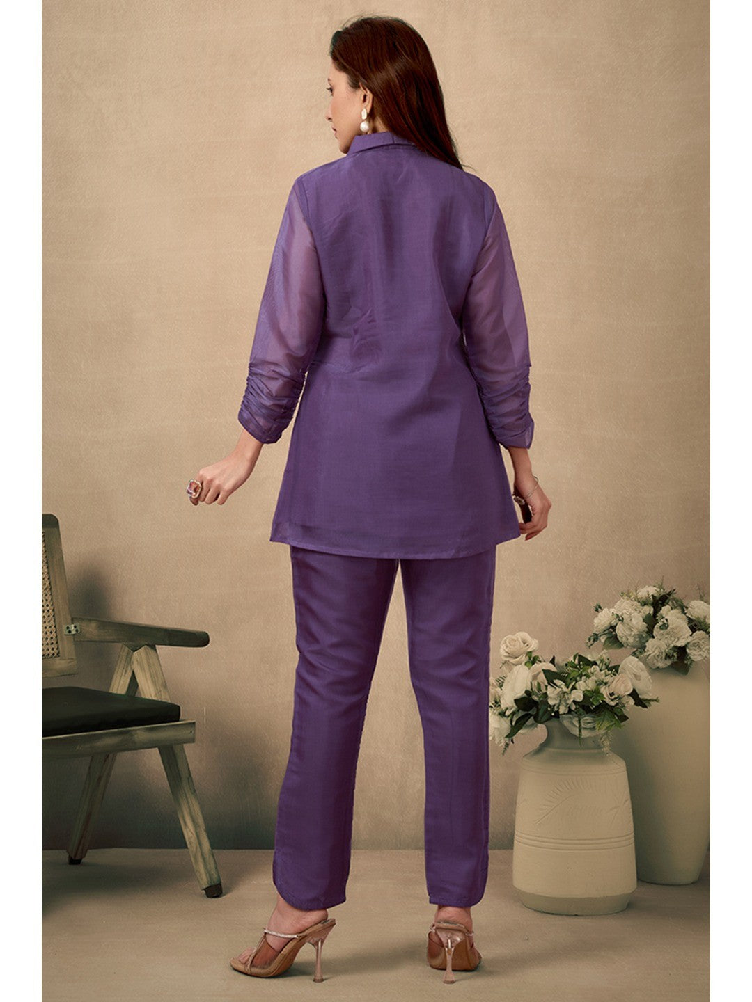 Wine Floral Pattern Beads Work Embroidered Organza Co-Ord Set - Image 7