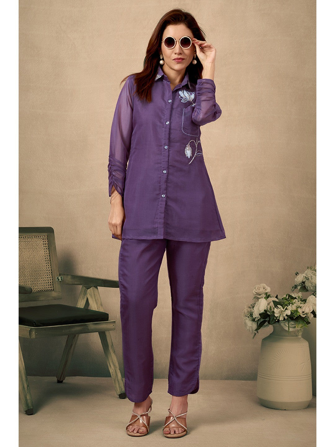 Wine Floral Pattern Beads Work Embroidered Organza Co-Ord Set - Image 6