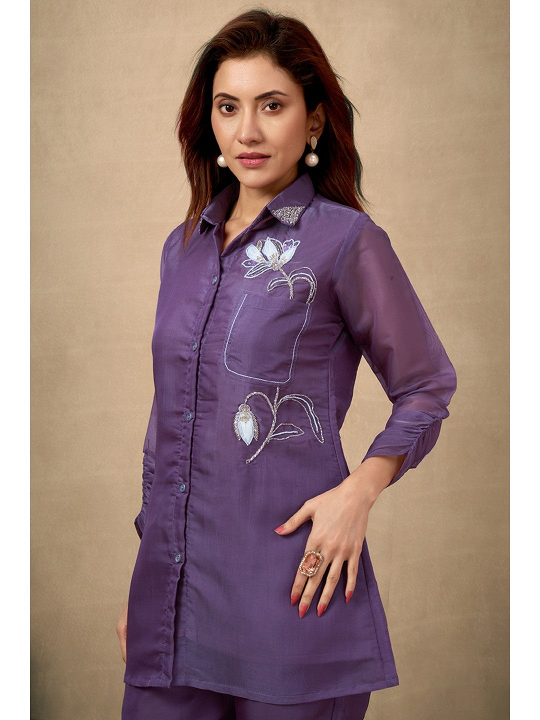 Wine Floral Pattern Beads Work Embroidered Organza Co-Ord Set - Image 3