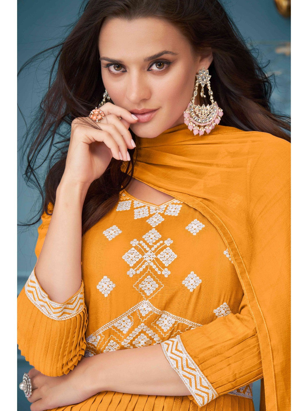 Orange Floral Embroidered Rayon Palazzo Suit - Image 2