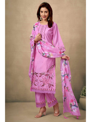 Pink Floral Embroidered Straight Salwar Suit Made of Chanderi Silk. - Image 1