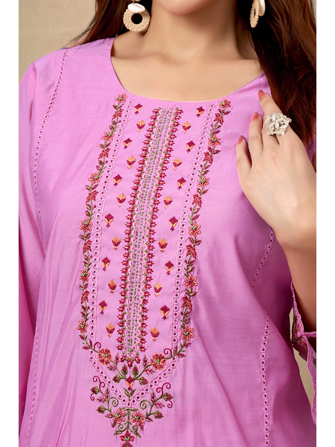 Pink Floral Embroidered Straight Salwar Suit Made of Chanderi Silk. - Image 2