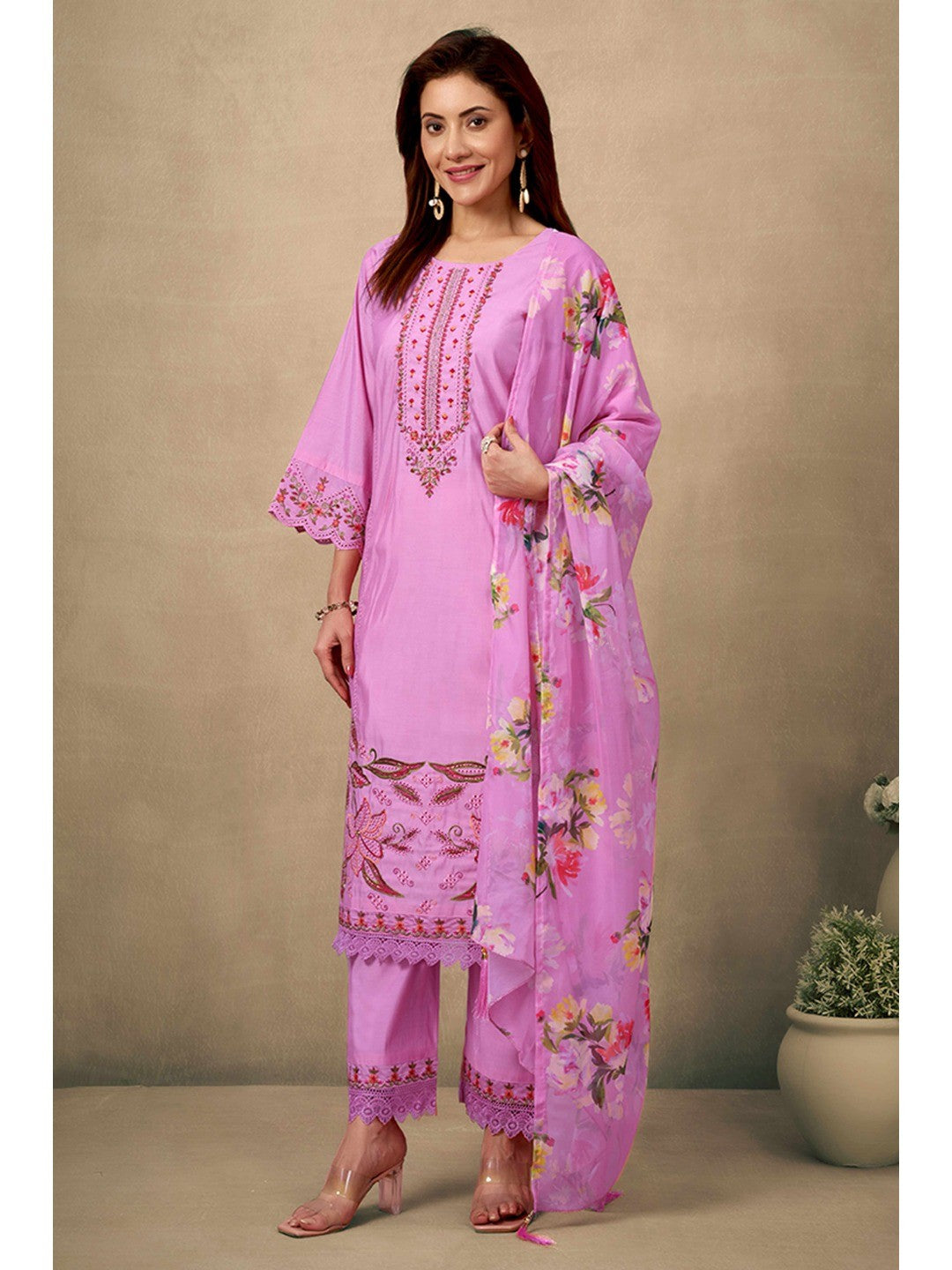 Pink Floral Embroidered Straight Salwar Suit Made of Chanderi Silk. - Image 4