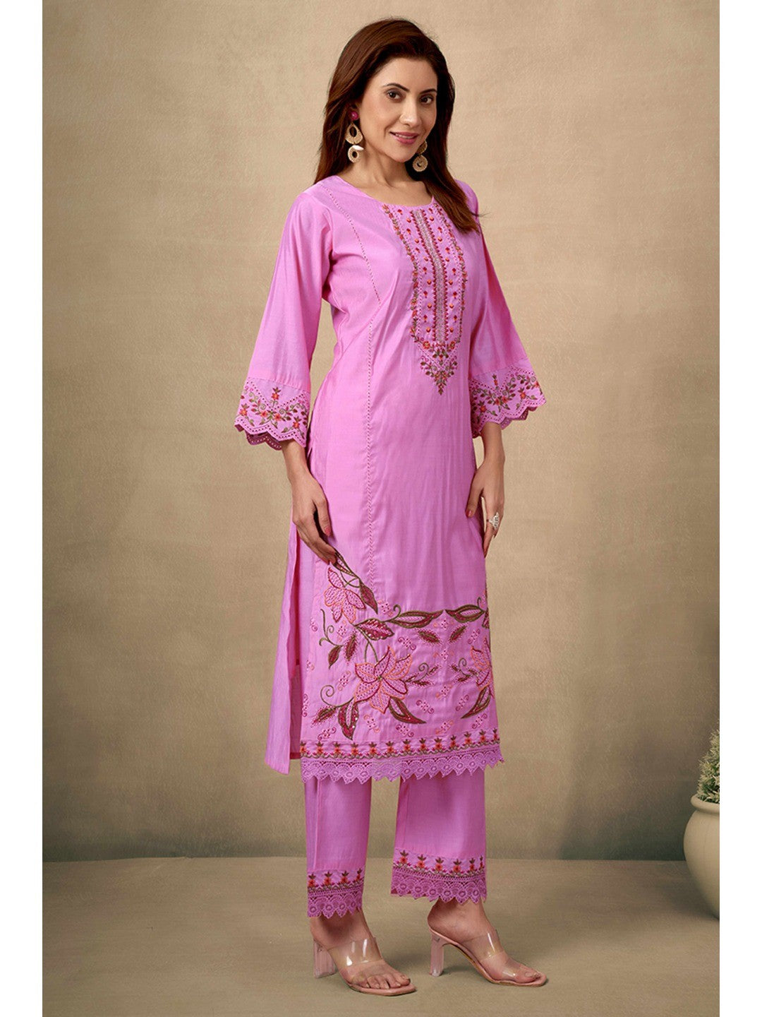 Pink Floral Embroidered Straight Salwar Suit Made of Chanderi Silk. - Image 6