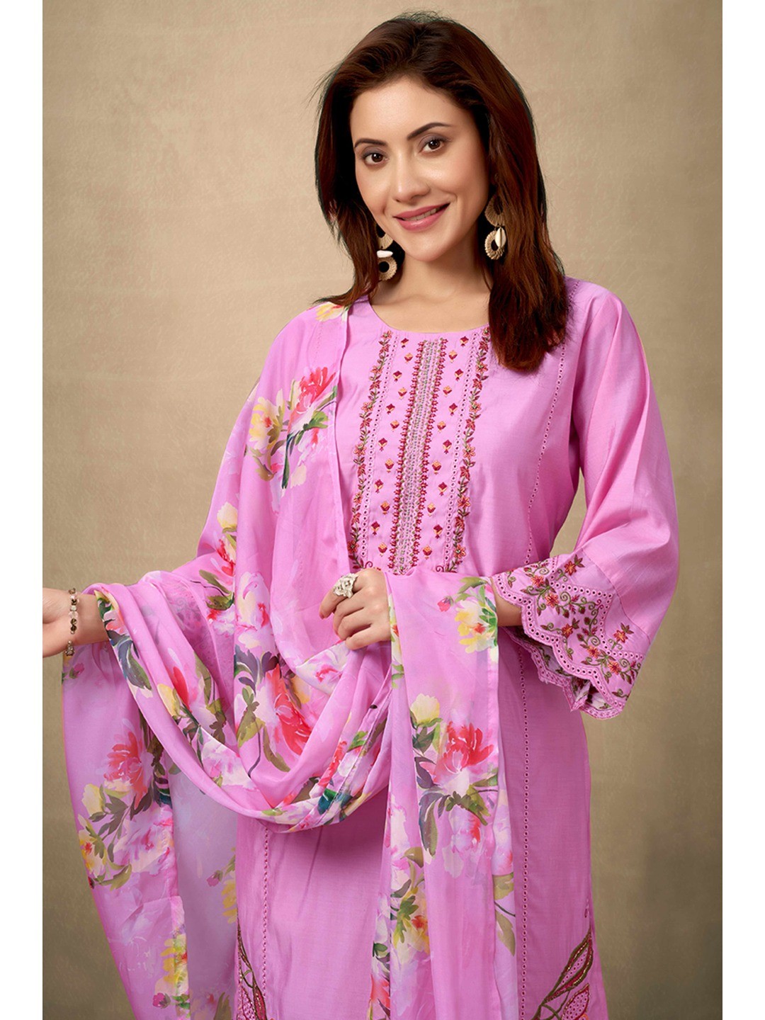 Pink Floral Embroidered Straight Salwar Suit Made of Chanderi Silk. - Image 5