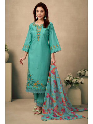 Green Floral Embroidered Straight Salwar Suit Made of Chanderi Silk. - Image 1