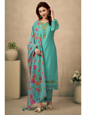 Green Floral Embroidered Straight Salwar Suit Made of Chanderi Silk. - Image 2