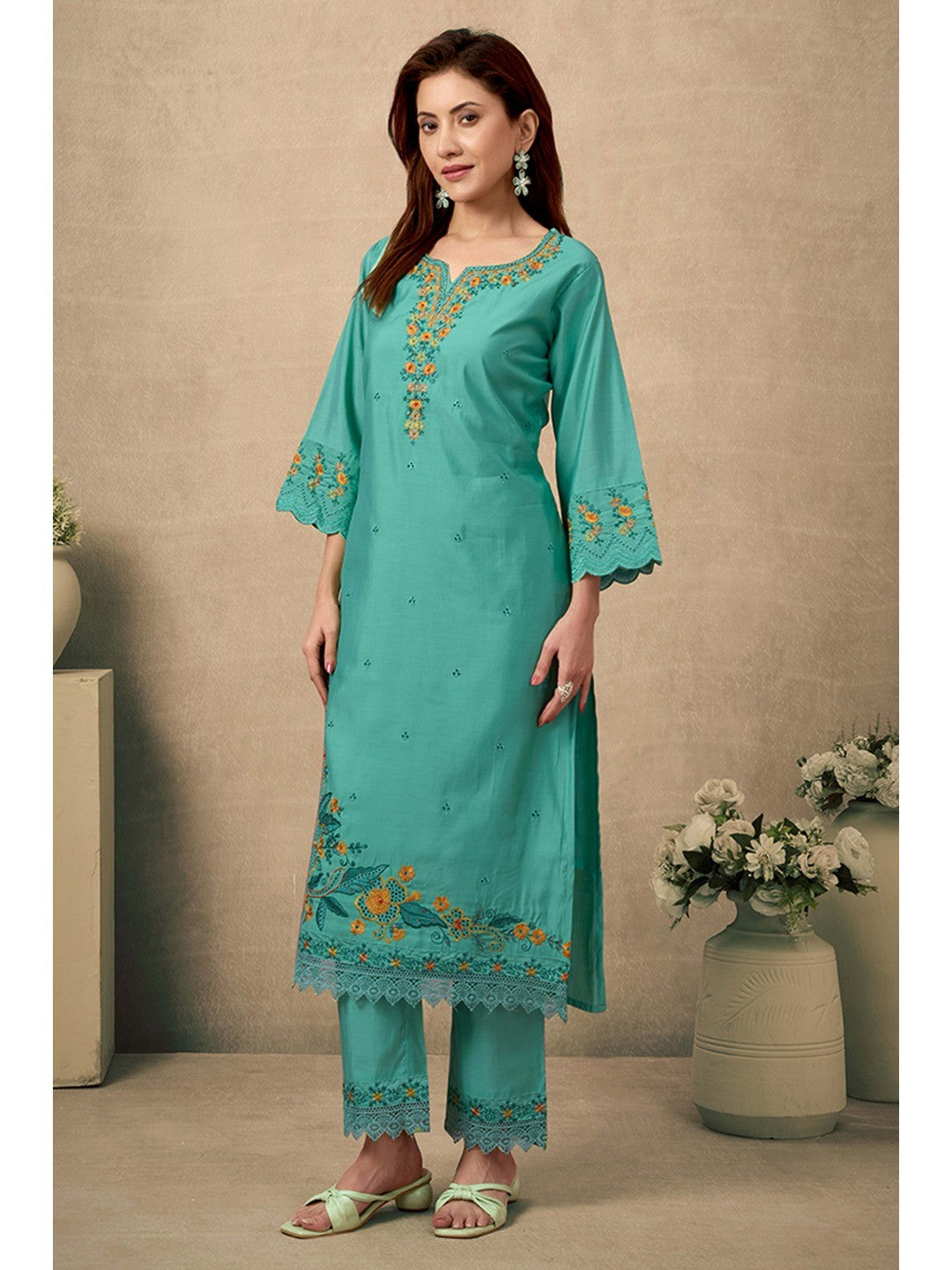 Green Floral Embroidered Straight Salwar Suit Made of Chanderi Silk. - Image 5