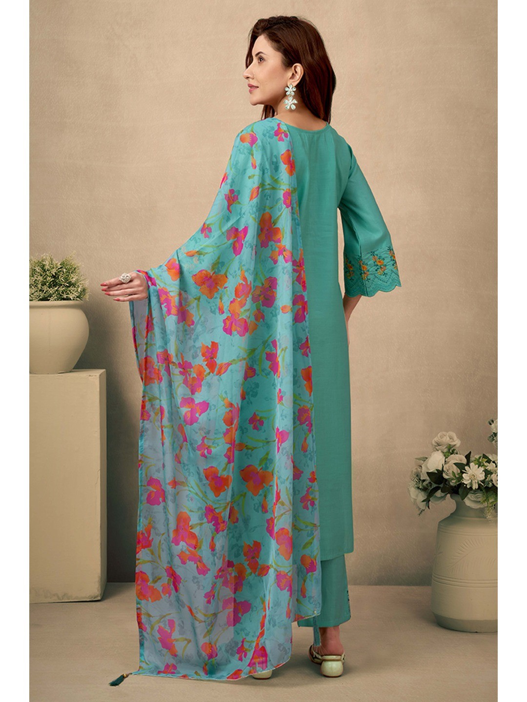 Green Floral Embroidered Straight Salwar Suit Made of Chanderi Silk. - Image 3